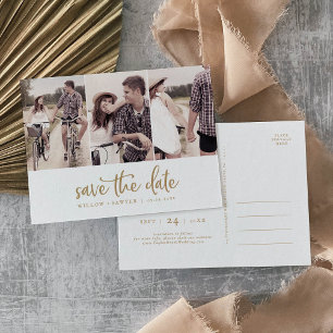 Rustic Gold Script 3 Photo Save the Date Invitation Postcard