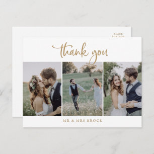 Rustic Gold Script 3 Photo Template Thank You Postcard