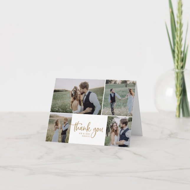 Rustic Gold Script 4 Photo Collage Folded Wedding Thank You Card (Front)