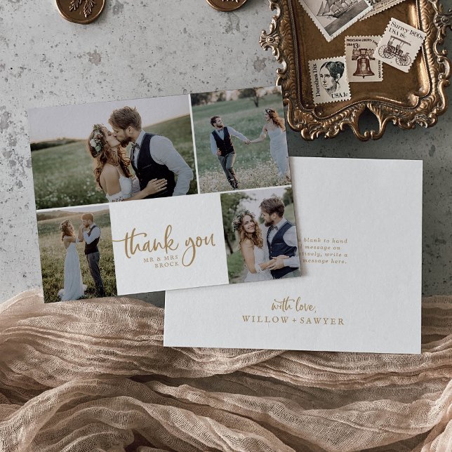 Rustic Gold Script 4 Photo Collage Wedding Thank You Card (Creator Uploaded)