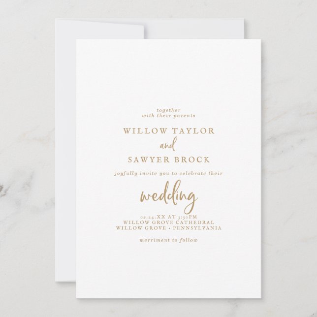 Rustic Gold Script Casual Couple & Parents Wedding Invitation (Front)