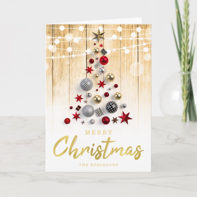 Rustic Gold Script Christmas Lights Holiday Card (Front)