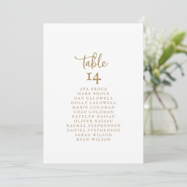Rustic Gold Script Table Number Seating Chart Card (Standing Front)