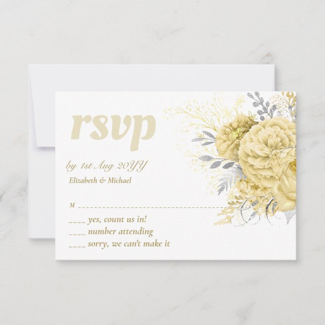Rustic Gold Silver Floral Wedding Thank You RSVP Card (Front)