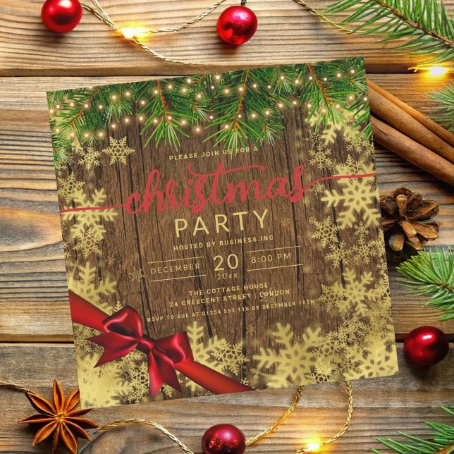 Rustic Gold Snow & Pine Company Xmas Red Ribbon Invitation (Rustic Gold Snow & Pine Company Xmas Red Ribbon Invitation)
