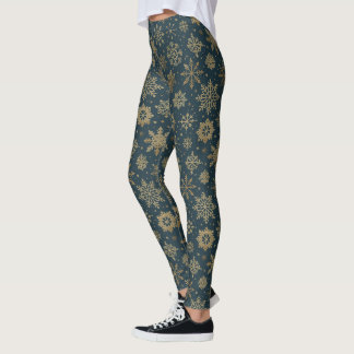 Rustic Gold Snowflakes on Dark Green Leggings