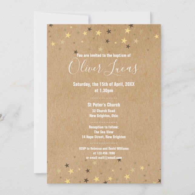 Rustic Gold Stars Baptism Christening Invitation (Front)