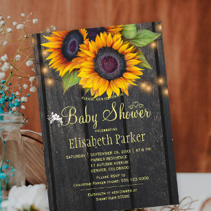 Rustic gold sunflowers barn wood baby shower invitation
