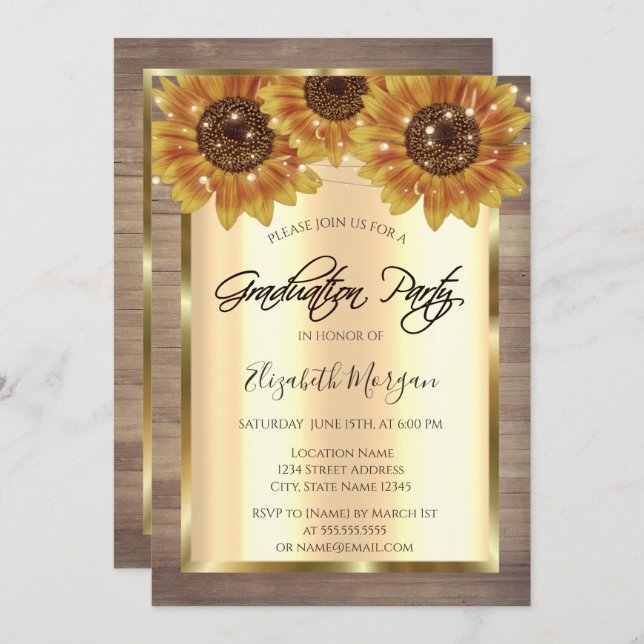 Rustic Gold Sunflowers,Lights,Wood Graduation Invitation (Front/Back)