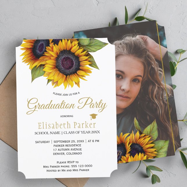 Rustic gold sunflowers PHOTO summer graduation Invitation (Creator Uploaded)
