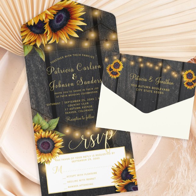 Rustic gold sunflowers wood wedding gold foil all in one invitation (Creator Uploaded)