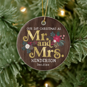 Rustic gold typography 1st christmas mr and mrs  c ceramic tree decoration