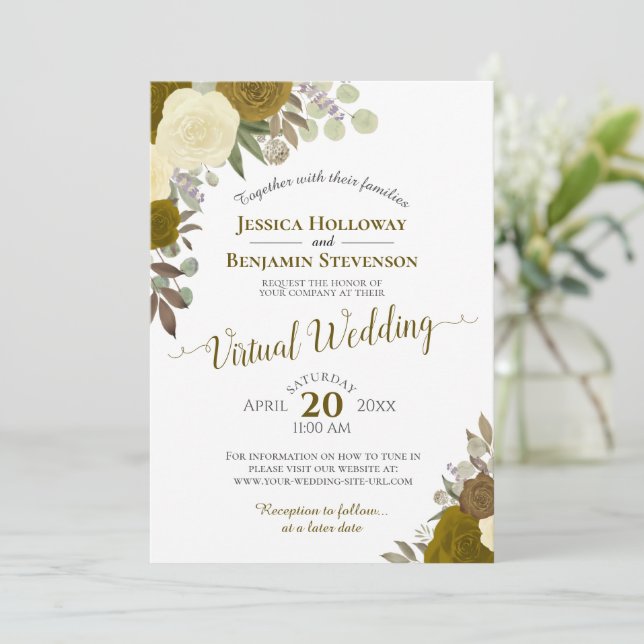 Rustic Gold Watercolor Floral Virtual Wedding Invitation (Standing Front)