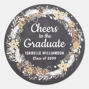 Rustic Gold White Floral Chalkboard Graduation Classic Round Sticker