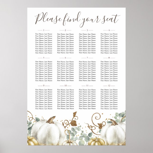 Rustic Gold White Pumpkins Wedding Seating Chart (Front)