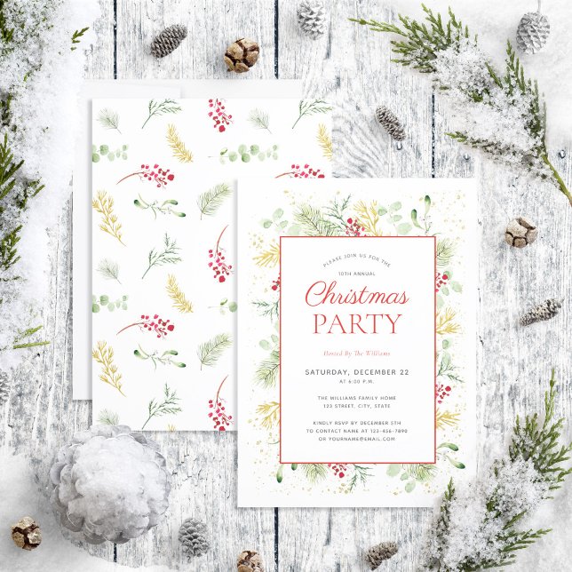 Rustic Gold Winter Greenery Holiday Party Invitation (Creator Uploaded)