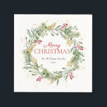 Rustic Gold Winter Greenery Wreath Merry Christmas Napkin<br><div class="desc">What better way to get into the holiday spirit than by hosting a Rustic Gold Winter Greenery Christmas party? These festive and modern holiday napkins are perfect for your annual holiday party, or family Christmas dinner party. The beautiful watercolor gold and festive design with winter botanical greenery is sure to...</div>