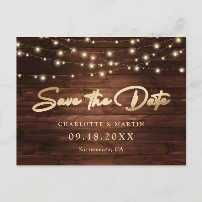 Rustic Gold Wood String Lights Save The Date Announcement Postcard (Front)