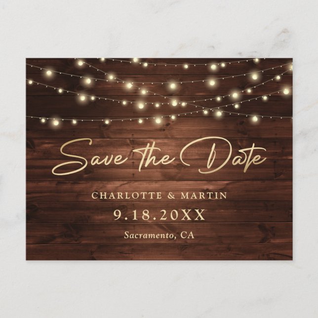 Rustic Gold Wood String Lights Save The Date Announcement Postcard (Front)