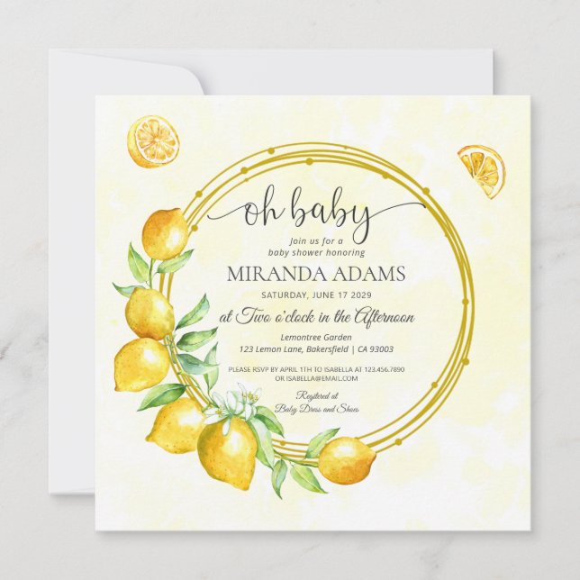 Rustic Gold Wreath Lemon Summer Boho Baby Shower Invitation (Front)