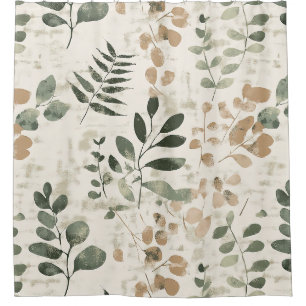 Rustic Golden Brown and Green Leaves on Cream Shower Curtain