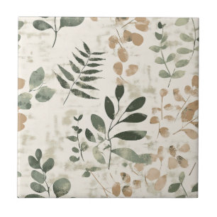 Rustic Golden Brown and Green Leaves on Cream Tile