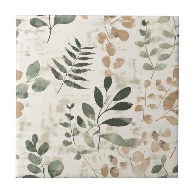 Rustic Golden Brown and Green Leaves on Cream Tile (Front)