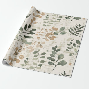 Rustic Golden Brown and Green Leaves on Cream Wrapping Paper