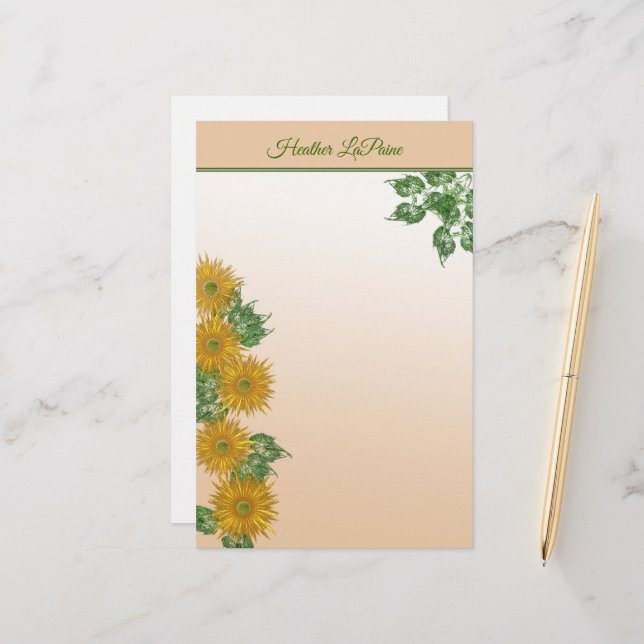 Rustic Golden Flowers, Greenery, and Leafy Border Stationery (Front/Back In Situ)