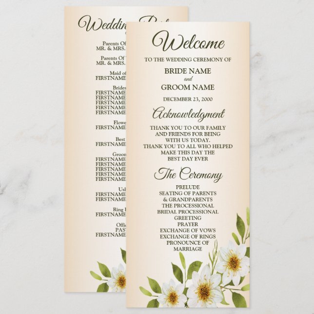 Rustic Golden Frame White Floral Peach Wedding Programme (Front/Back)