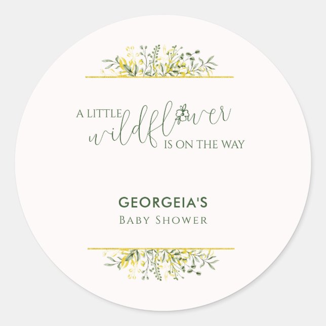 Rustic Golden Frame Wildflower on Way  Baby Shower Classic Round Sticker (Front)