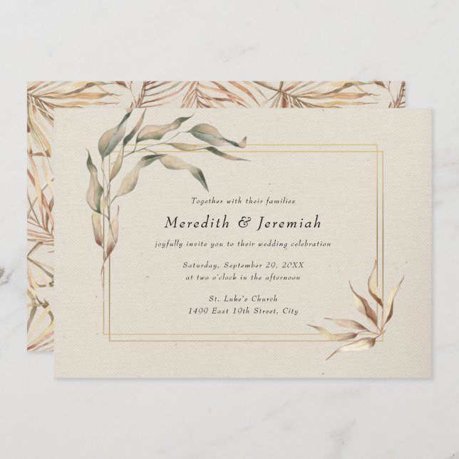 Rustic Golden Greenery Wedding Invitation (Front/Back)