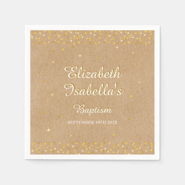 Rustic Golden Hearts Confetti Baptism Christening Napkin (Front)