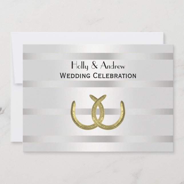 Rustic Golden Horseshoes Silver Wht H Wedding Invitation (Front)