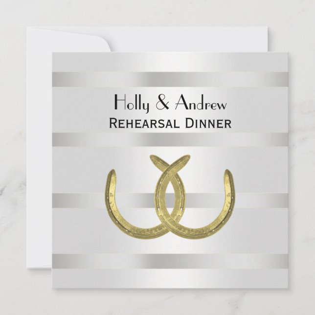 Rustic Golden Horseshoes Silver Wht Rehearsal Din Invitation (Front)