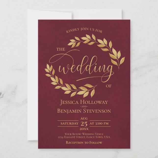 Rustic Golden Leaves Elegant Burgundy Wedding Invitation (Front)