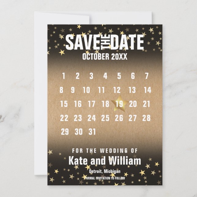 Rustic Golden Stars Calendar Save the Date Invitation (Front)