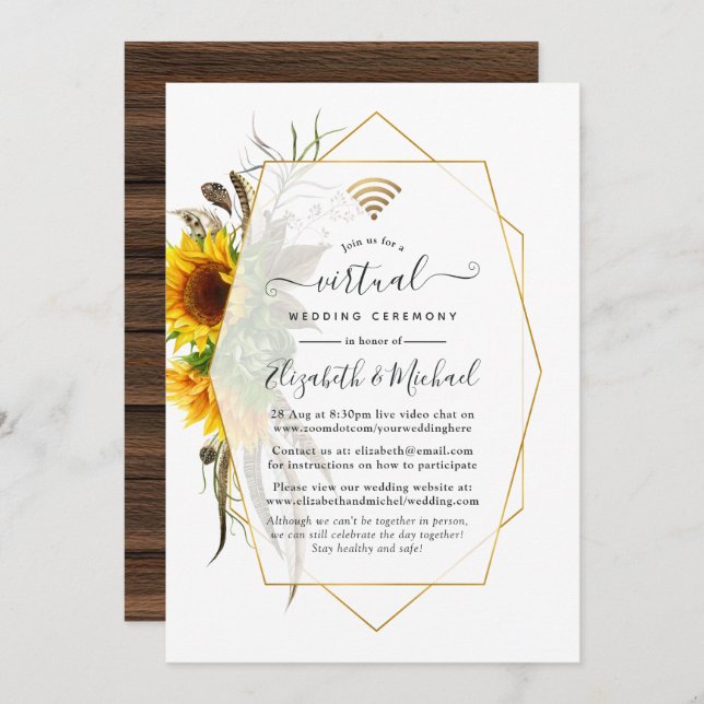 Rustic Golden Sunflower Geometric Virtual Wedding Invitation (Front/Back)