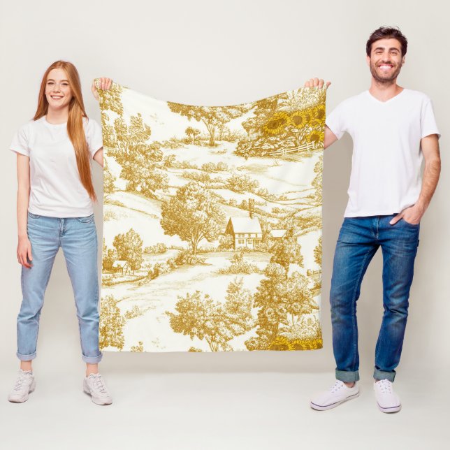 Rustic Golden Sunflower Homestead Toile Pattern Fleece Blanket (In Situ)
