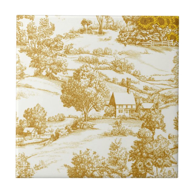 Rustic Golden Sunflower Homestead Toile Pattern Tile (Front)