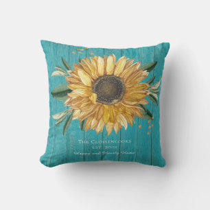Rustic Golden Sunflower Teal Blue Barn Wood Cushion
