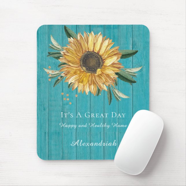 Rustic Golden Sunflower Teal Blue Barn Wood Mouse Pad (With Mouse)