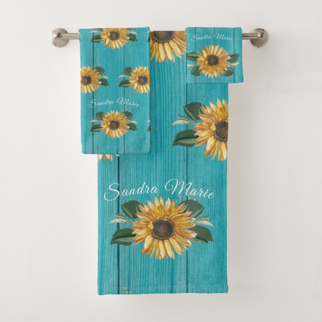 Rustic Golden Yellow Sunflower Teal Wood  Bath Towel Set (Insitu)