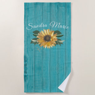 Rustic Golden Yellow Sunflower Teal Wood Beach Towel