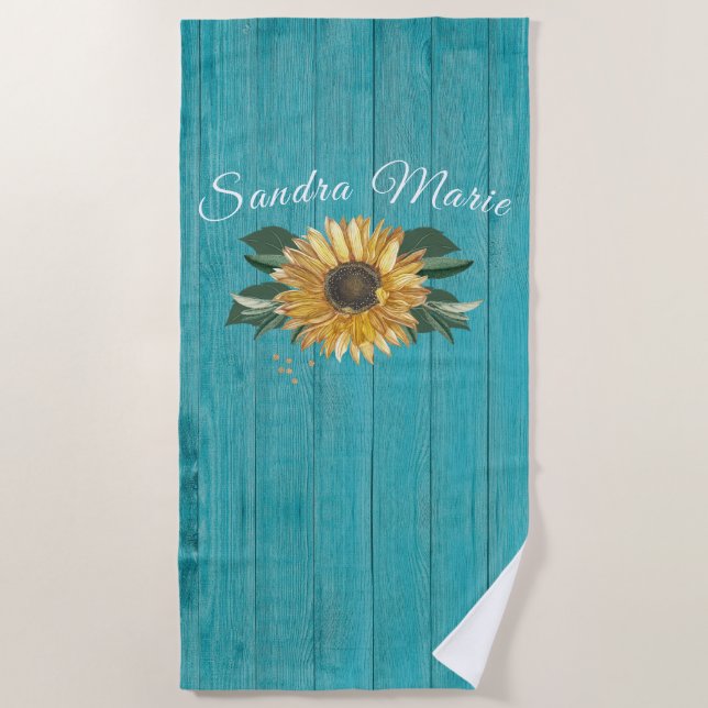 Rustic Golden Yellow Sunflower Teal Wood |   Beach Towel (Front)