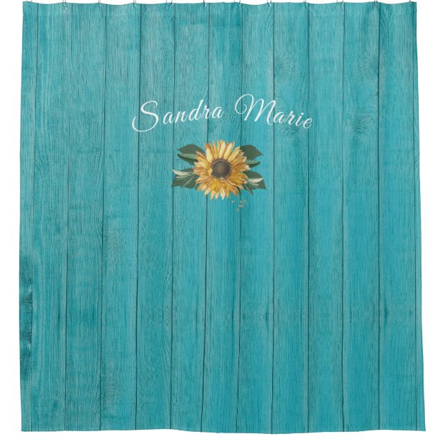 Rustic Golden Yellow Sunflower Teal Wood |  Shower Curtain (Front)