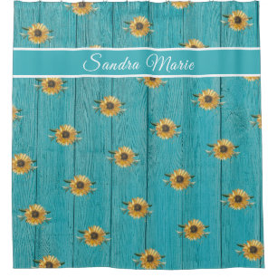 Rustic Golden Yellow Sunflower Teal Wood    Shower Curtain