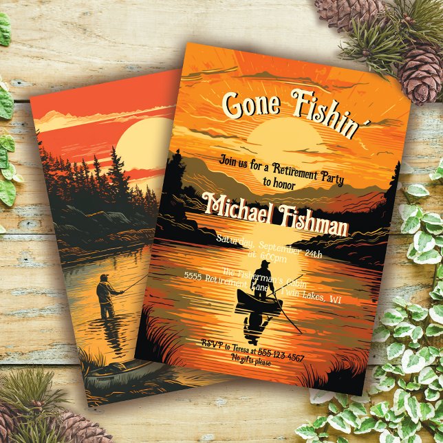 Rustic Gone Fishin' Retirement Fishing Woodcut Invitation (Creator Uploaded)