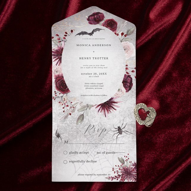 Rustic Gothic Black & Burgundy Floral No Dinner All In One Invitation (Also available with a QR code or with dinner selection options.)