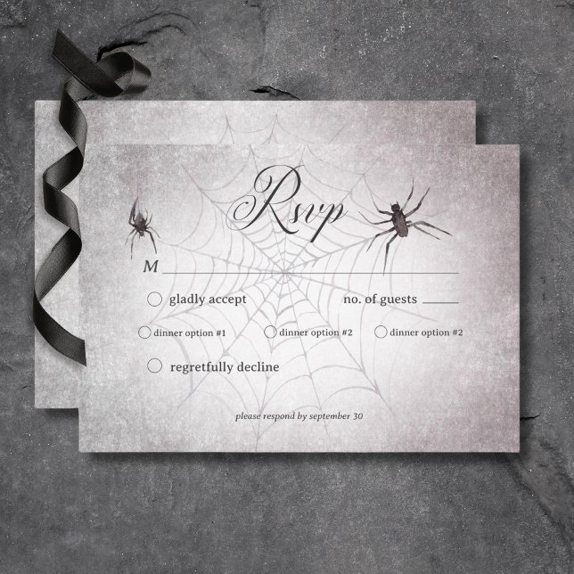 Rustic Gothic Black & Burgundy Halloween Dinner RSVP Card (Rustic Gothic Black & Burgundy Halloween Wedding Response Card with Dinner Selection Options)